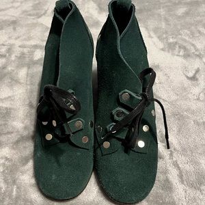 3.1 Phillip Lim Forest Green Suede Military Inspired Lace Up Wedge Booties